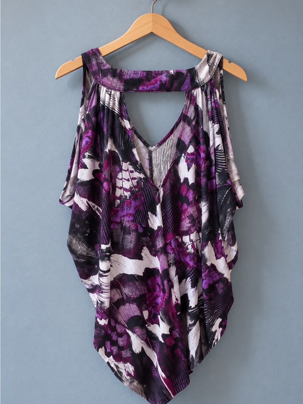 Guess Purple and Black Floral Cold-Shoulder Camisole with V-Keyhole Back